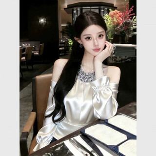Playboy (playboy) 2026 spring new age-reducing temperament light luxury niche non-contrast white satin off-the-shoulder shirt top women picture color s