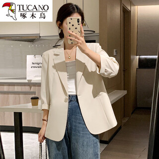 啄木鸟米色西装外套女小个子短款2026春秋季新款韩版感七分袖薄西服 米白色 S 80-105斤
