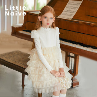 Little naive girls short-sleeved cake princess dress performance one-year-old dress spring and autumn children's dress champagne color 130