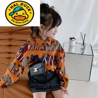 Hal.duck girls' shirts spring and autumn new children's style retro printed korean-style shirts for children corduroy tops coral shirts 130 cm (130cm)