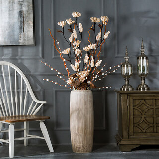 Modern simple light color soft decoration jingdezhen ceramic floor-standing vase living room flower arrangement dried flower large decorative ornaments bark pattern 60cm + popcorn set