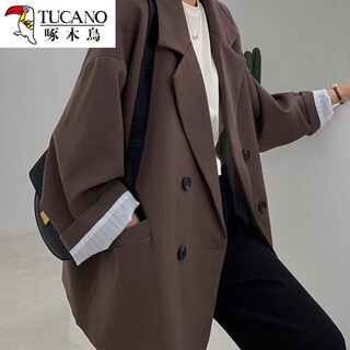 啄木鸟西装外套女2026年秋季新品秋装设计感气质西装外套女休闲西装外套 咖啡色 L (118-130)