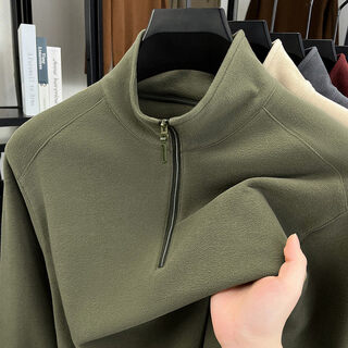 Dances with wolves (dancing wolves) thickened zipper stand collar sweatshirt for men 2025 autumn and winter solid color half turtleneck inner t-shirt khaki green xl