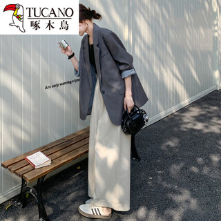 啄木鸟灰色西装外套女2026新款春秋今年流行款小个子休闲西服上衣 灰色 S 95-110斤