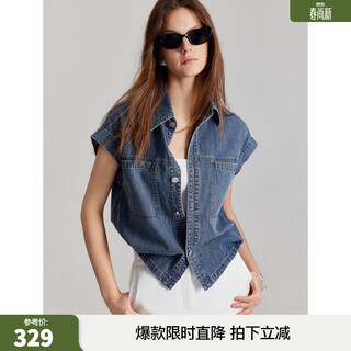 Elle french design retro cotton denim shirt for women 2025 summer new niche chic temperament top denim blue l