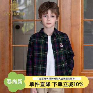 Ivy house children's clothing for boys and older children in spring and autumn new style plaid shirt long-sleeved tops cotton versatile college style base a dark green 120