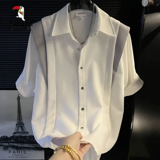 Woodpecker (tucano) new summer style contrasting color loose lapel short-sleeved shirt men's trendy casual fashion versatile shirt thin white xl 140jin jin is equal to 0.5 kg within