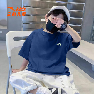 Anta boys' short-sleeved t-shirt children's summer wear 2026 new pure cotton youth half-sleeved sports short t-shirt casual bottoming shirt skin-friendly pure cotton 8101-2 ink blue 140 cm