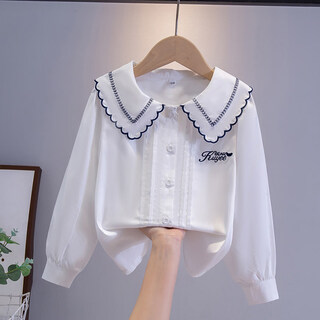 Girls' shirt with cherry bow, long-sleeved shirt, 2025 new medium and large children's spring and autumn college style pure cotton white shirt, white 037 shirt (cotton) 110 cm, suitable for height 95-105cm