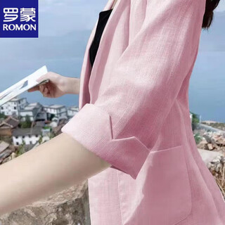 罗蒙（ROMON）亚麻小西装外套女夏季短款小个子西服女薄款大码休闲百搭棉麻上衣 粉红色  M 建议【85-95斤】
