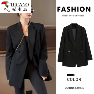 Woodpecker-like black temperament suit jacket for women 2026 new spring and autumn small casual loose korean style suit black high quality s 90-105jin jin equals 0.5 kg