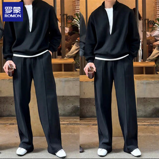 Romon spring design stitched collar fake two-piece sweatshirt suit for men, trendy, handsome, high-end, old money style two-piece suit, black regular m