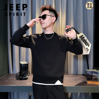 Jeep spirit fake two-piece sweatshirt men's round neck t-shirt handsome men's long-sleeved top 2026 spring and autumn new casual jacket trend black 3xl