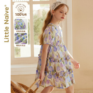 Little naive medium to large children's short-sleeved dress summer multi-color girl's ear-trimmed pure cotton princess dress tulip purple 150