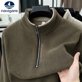 Navigare heavyweight 2025 new winter velvet thickened men's sweatshirt half turtleneck zipper stand collar warm outer base layer military green m 90-115jin jin equals 0.5 kg