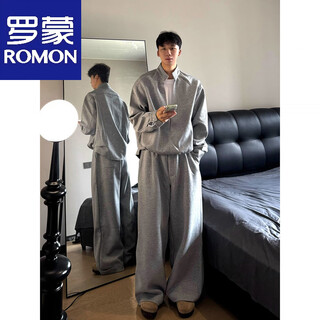 Romon black fake two-piece v-neck sweatshirt suit for men in autumn and winter, a complete set of old money style heavy-duty wide-leg scimitar sweatpants gray suit l (suitable for 115-130 jin jin equals 0.5 kg)