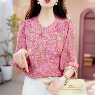 Original women's style three-quarter sleeves, versatile, age-reducing, round-neck slim shirt, feminine top, new style, high-end, pink m