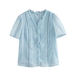 Inman lyocell french ruffle v-neck shirt for women summer temperament european style thin short-sleeved shirt light aqua m