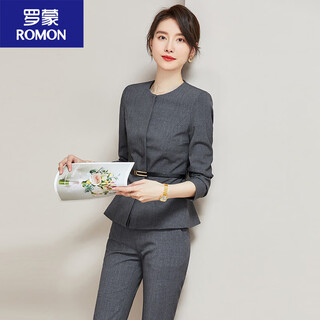 罗蒙（ROMON）灰色西装外套女职业装修身面试小个子高端西服正装套装春秋工作服 长袖灰色西装+裤子 腰带 M
