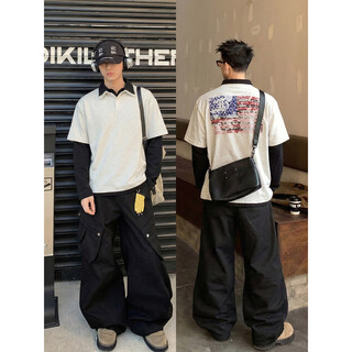 Plth* american retro fake two-piece double-collar polo shirt for men, loose digital direct-injection printing design, long sleeves, gray m