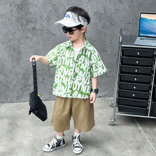 Ultraman boys summer short sleeve suit 2025 new handsome boy shirt children's summer thin style korean style clothes green shirt + pants 90 cm
