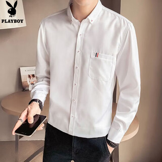 Playboy shirt men's spring and autumn korean style long-sleeved trendy slim youth student shirt fashion versatile solid color inch shirt no ironing white m