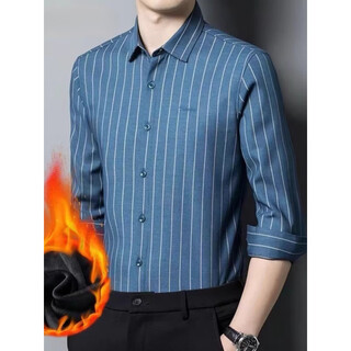 K-boxing men's new winter style velvet thickened men's warm shirt middle-aged fashion embroidered business casual striped long-sleeved shirt blue l (130-140jin jin equals 0.5 kg)
