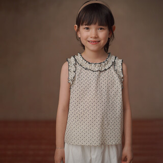 Hacikis children's clothing 2026 summer children's sleeveless tops pastoral floral cotton shirt girls' vest light lace shirt