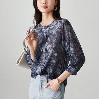Sofsil lyocell linen printed shirt women's 2026 spring fashion versatile round neck three-quarter sleeve shirt navy s