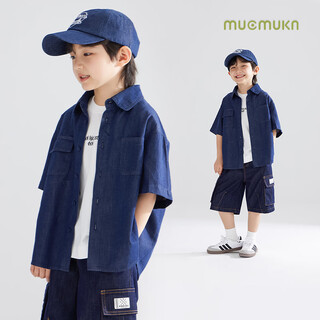 Mucmukn cool denim not easy to fade children's denim shirt retro fashion top boys cool breathable short sleeves blue 140 cm