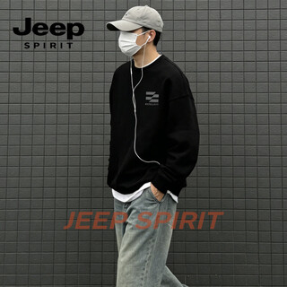 Jeep spirit crew neck sweatshirt men's loose trendy casual bottoming shirt men's 2026 spring long-sleeved t-shirt top black 3xl 190-220jin jin equals 0.5 kg