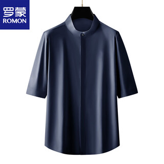 Romon sense seamless stand collar five-quarter sleeve shirt men's summer ice silk anti-wrinkle high elastic chinese style five-quarter sleeve casual shirt navy l