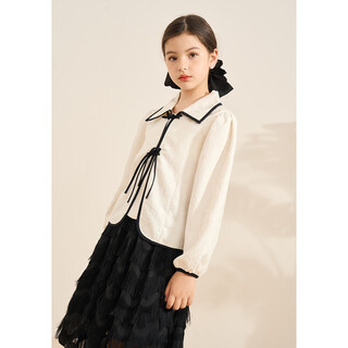Montagut girls 2026 spring and autumn loose korean design contrast color long sleeve tops for children and middle school children chinese style lapel shirts