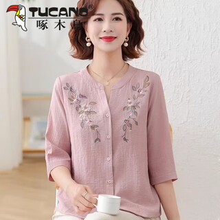 Woodpecker (tucano) middle-aged mother summer cotton and linen embroidered shirt for women summer new style middle-aged and elderly loose t-shirt shirt for women pink l 80-90jin jin equals 0.5 kg