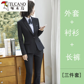 Woodpecker suit women's autumn new temperament slim work clothes college student interview formal suit professional workwear black jacket + trousers + a striped shirt bow tie s