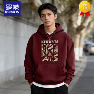 Romon american heavyweight velvet hooded sweatshirt for men 2026 winter loose and versatile casual long-sleeved jacket top burgundy 1 m