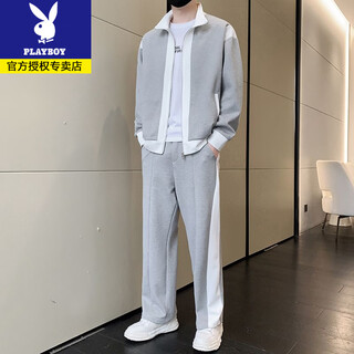 Playboy spring and autumn new color matching sports suit men's trendy fashion casual jacket sweatshirt sweatpants handsome men's clothing set gray (recommended by the store manager) l recommended 115-130jin jin equals 0.5 kg