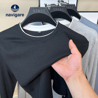 Navigare spring and autumn waffle pure cotton fake two-piece round neck sweatshirt for men 2025 new t-shirt bottoming casual top black spring and autumn 3xl 175-195jin jin equals 0.5 kg