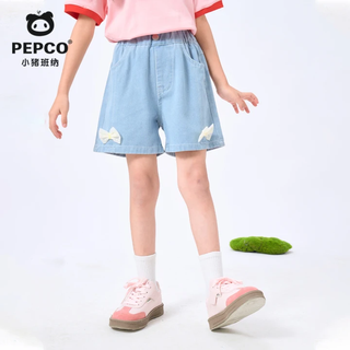 Piggy banner (pepco) girls skirt 2026 new summer children's pleated skirt girls casual versatile denim bow shorts children's clothing cute style denim bow shorts light blue 110 recommended weight 30-37jin jin equals 0.5 kg