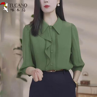 Woodpecker (tucano) polo collar ruffled shirt for women summer 2026 new three-quarter sleeve shirt western style loose slimming versatile top green m 80-100jin jin is equal to 0.5 kg within