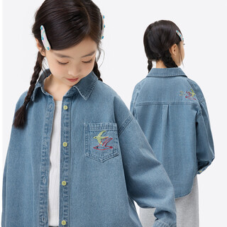Xiaoyinman girls' denim shirt with pocket embroidery 26 spring new style retro fashion lapel top for middle-aged and older children