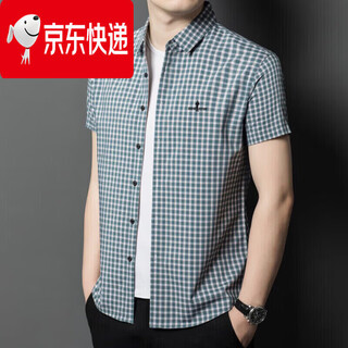 Biyinlefen official high-end brand ice silk thin seamless short-sleeved shirt men's summer casual commuting half-sleeved plaid shirt flagship official green m