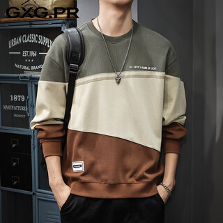 Gxg.pr design sense stitching contrasting color men's sweatshirt autumn and winter loose round neck long-sleeved bottoming shirt american fashion brand handsome top gray green m suitable weight 100-120jin jin equals 0.5 kg