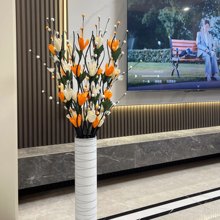 Leaf vein simulated dried flower bouquet, fake flower ornaments, floor-to-ceiling living room red berry entrance large decorative flower arrangement, forever new green leaves, white + orange, with bottle