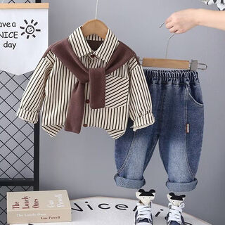G.duck little yellow duck boys spring suit 2026 new style baby spring and autumn shirt two-piece children's clothing trendy hb scarf striped shirt 2-piece set brown 90 cm recommended height around 82