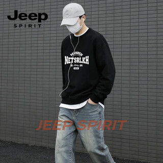 Jeep spirit sweatshirt men's round neck plus velvet loose casual bottoming shirt 2026 spring new long-sleeved top jacket black s 95-120jin jin equals 0.5 kg