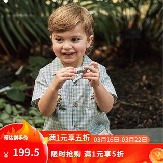 Happyology british children's spring and summer shirt new boys' lapel pocket embroidered girls' shirt top blue plaid 92 (92cm)