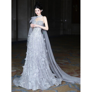 Mofu banquet evening dress 2026 light luxury heavy industry silver sequin host performance costume birthday adult ceremony dress long xs