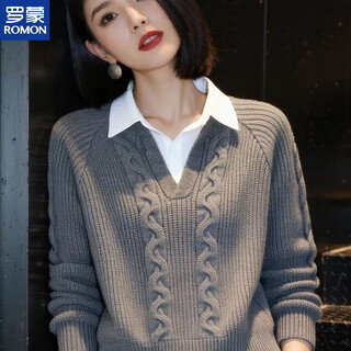 Romon lapel bottoming shirt top spliced shirt collar sweater fake two-piece sweater for women 2026 new style loose and stylish gray m recommended 95-105jin jin equals 0.5 kg