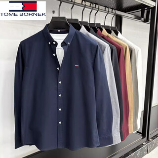 Tome bornek tommy 2026 new black long-sleeved men's shirt casual business sense handsome easy-care cotton shirt navy blue 3xl 56 recommended 175-190 jin jin equals 0.5 kg